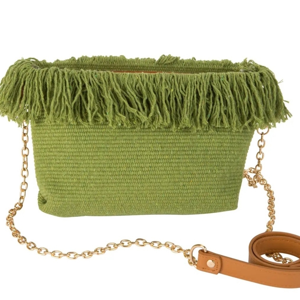 Green Fringe Straw Crossbody Bag